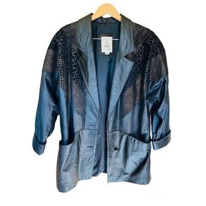 VTG Vintage Avanti Black Leather Animal print Jacket Coat Shoulder Pads M